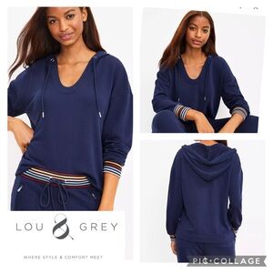 Lou & Grey Rainbow Stripe Cozy Cotton Terry Hoodie Sweatshirt XS Oversized BLUE